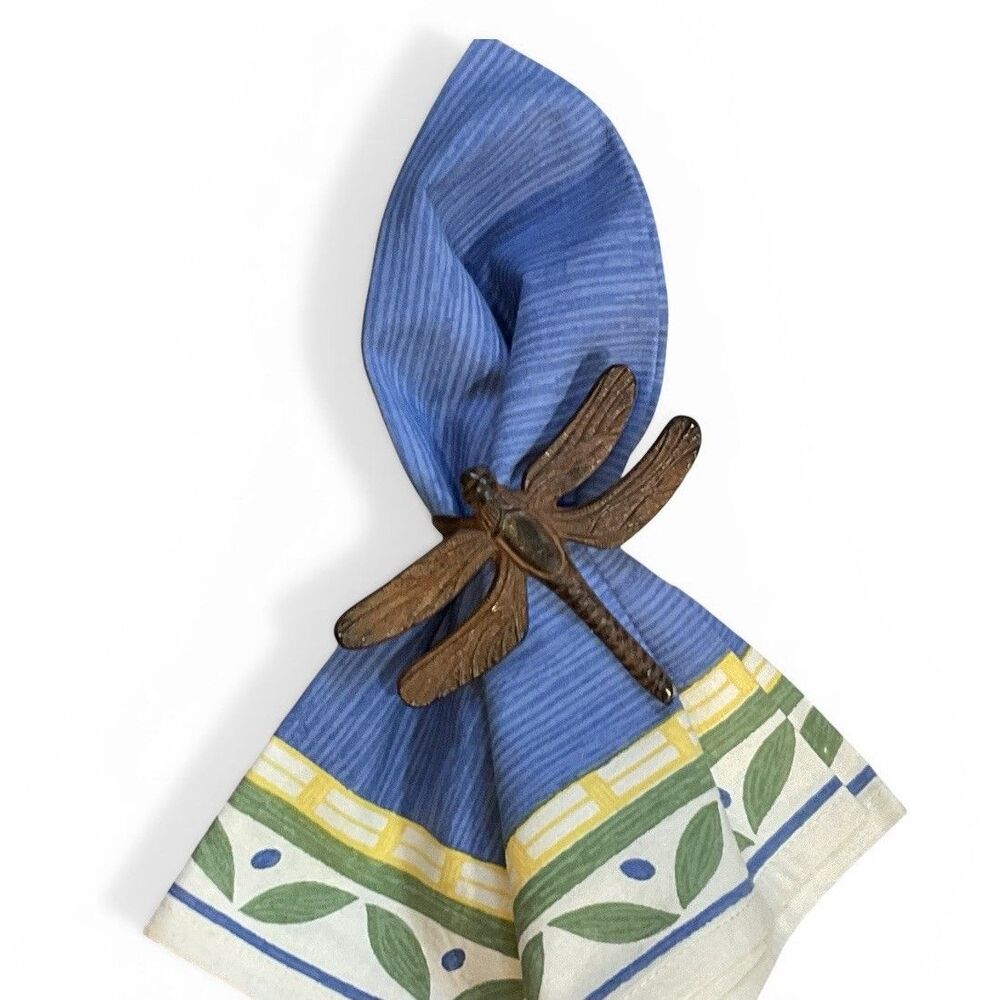 7 Dragonfly Napkin Rings Cast Iron Rustic Brown 3” Lodge Cottage Rustic Set Of 7